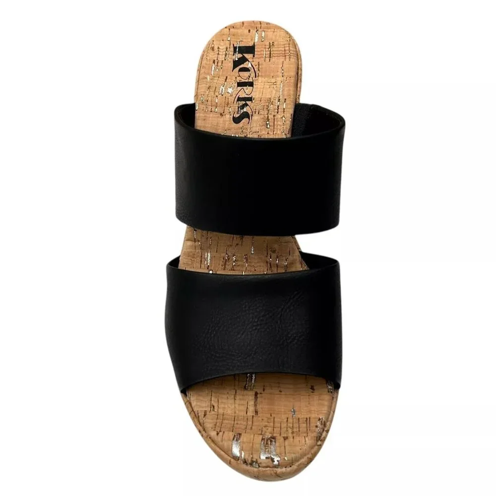 Korks Dezi Womens Cork Platform Sandal Size 9 Black/Tan Strappy Style Block Heel